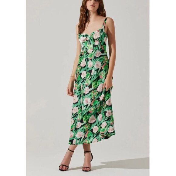 New ASTR the Label Women's Size M Satin Corset Floral Maxi Dress Pink Green - Picture 1 of 12